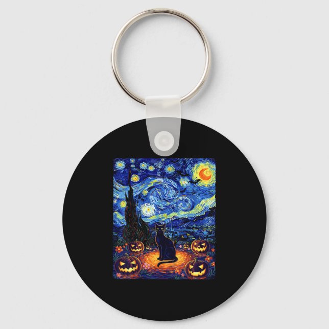 Halloween Black Cat Van Gogh Starry Night Cat Cost Key Ring (Front)