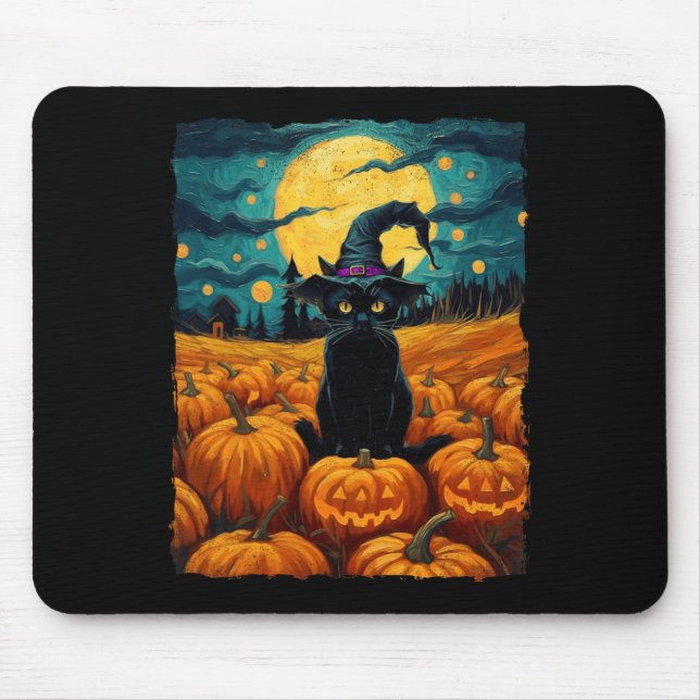 Halloween Black Cat Van Gogh Witch Kawaii Pumpkin  Mouse Pad (Front)