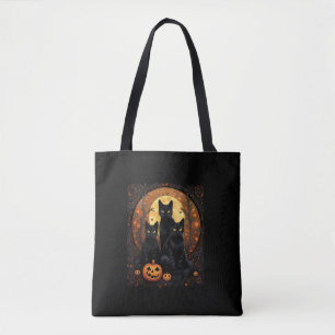 Halloween Black Cat Van Gogh Witch Kawaii Pumpkin Tote Bag