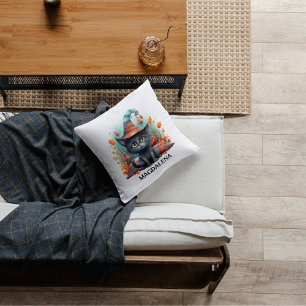 Halloween Black Cat Watercolour Cushion