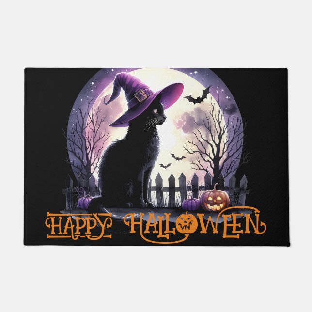 Halloween Black Cat Witch and Bats Doormat (Front)