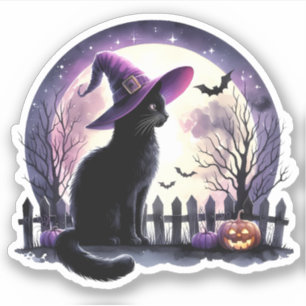 Halloween Black Cat Witch and Bats Sticker