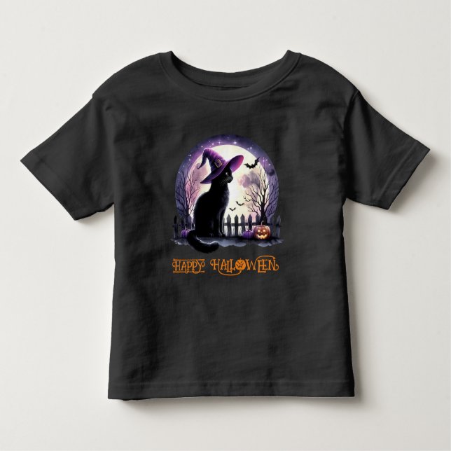 Halloween Black Cat Witch and Bats  Toddler T-Shirt (Front)