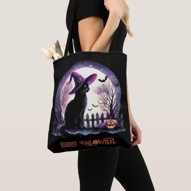 Halloween Black Cat Witch and Bats  Tote Bag (Close Up)