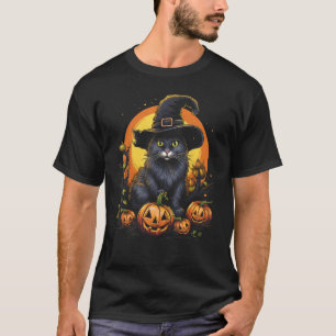 Halloween Black Cat Witch Hat Jack o Lantern Costu T-Shirt