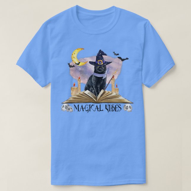 Halloween Black Cat Witch Hat & Moon Magical Vibes T-Shirt (Design Front)