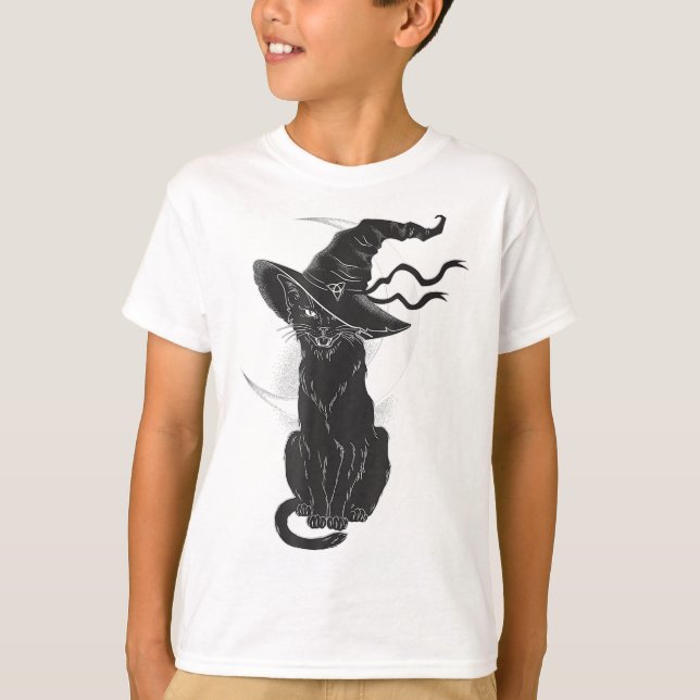 Halloween Black Cat Witch Hat Moon  T-Shirt (Front)