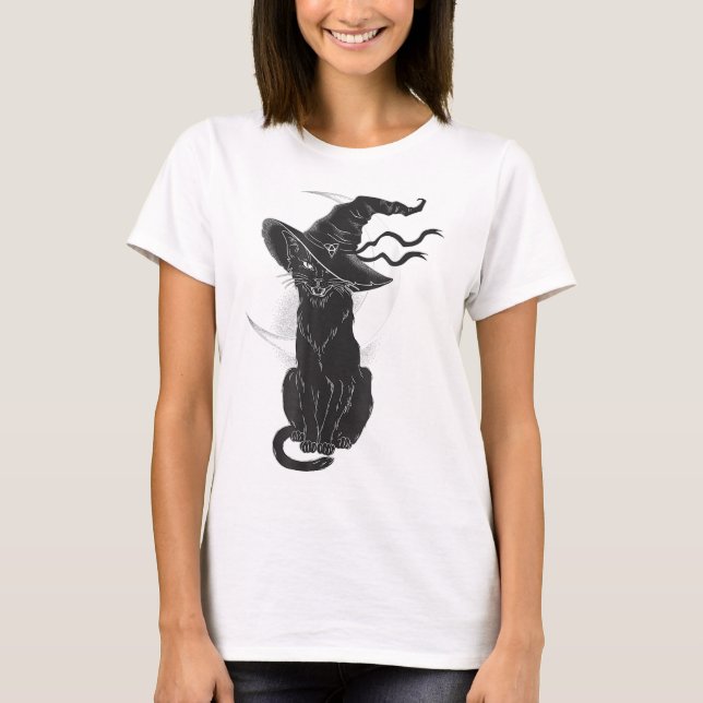 Halloween Black Cat Witch Hat Moon  T-Shirt (Front)