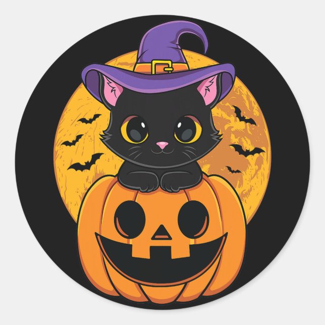Halloween Black Cat Witch Hat Pumpkin For Kids Gir Classic Round Sticker (Front)