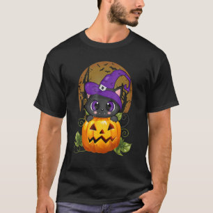 Halloween Black Cat Witch Hat Pumpkin For Kids Gir T-Shirt