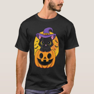 Halloween Black Cat Witch Hat Pumpkin For Kids Gir T-Shirt