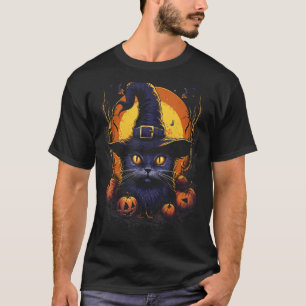 Halloween Black Cat Witch Hat Pumpkin Moon Graphic T-Shirt