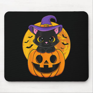 Halloween Black Cat Witch Hat Pumpkin Mouse Pad