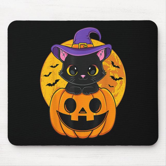 Halloween Black Cat Witch Hat Pumpkin  Mouse Pad (Front)