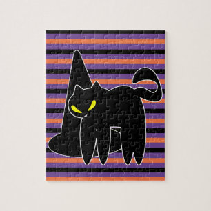 Halloween Black Cat Witch Hat Stripes Jigsaw Puzzle