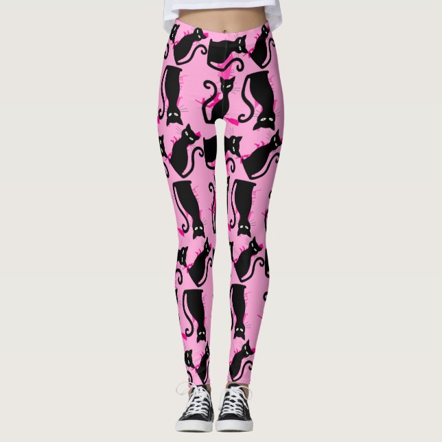 halloween black cat witch pink leggings (Front)