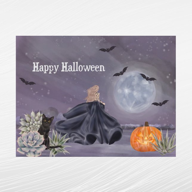 Halloween Black Cat Witch Pumpkin Succulents Bats Holiday Postcard (Creator Uploaded)