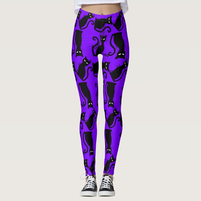 halloween black cat witch purple leggings (Front)
