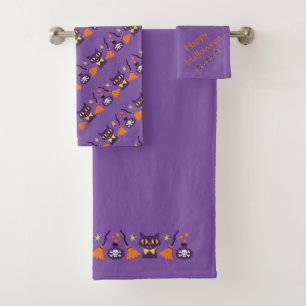 Halloween Black Cat, Witches Broom and Poison  Bath Towel Set