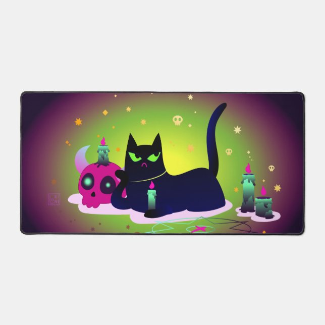 Halloween Black Cat with a candle and a scull Desk Mat (Front)