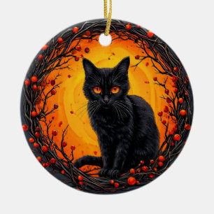 Halloween Black Cat with Glowing Eyes Ceramic Tree Decoration