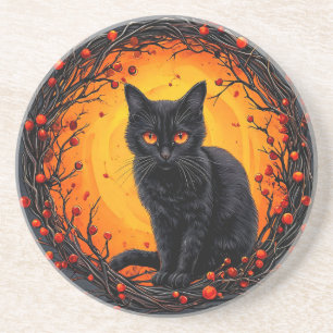 Halloween Black Cat with Glowing Eyes Coaster