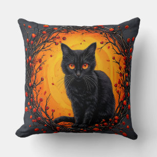 Halloween Black Cat with Glowing Eyes Cushion