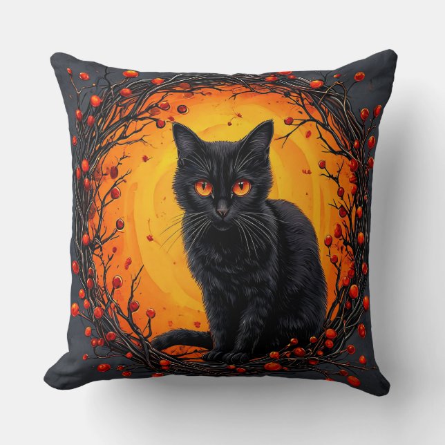 Halloween Black Cat with Glowing Eyes Cushion (Front)