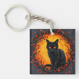 Halloween Black Cat with Glowing Eyes Key Ring