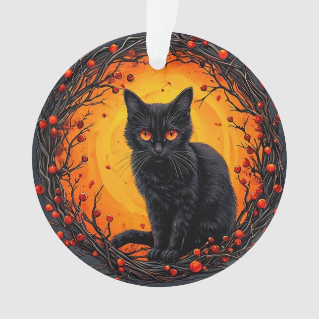 Halloween Black Cat with Glowing Eyes Ornament (Front)