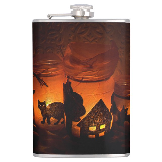 Halloween Black Cat with Luminaries and Bats Hip Flask (Front)
