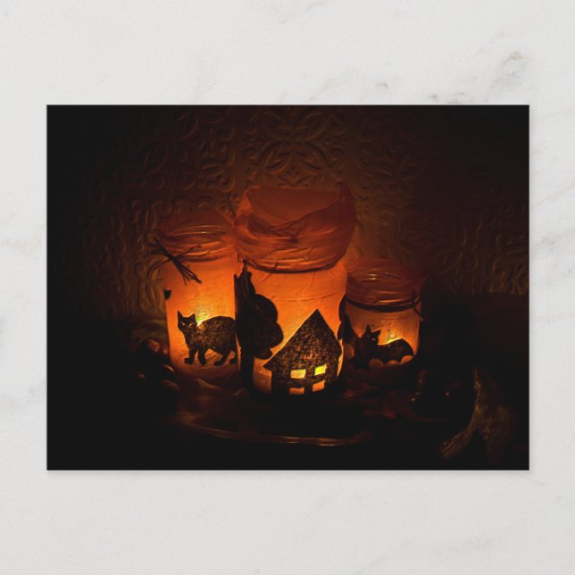 Halloween Black Cat with Luminaries and Bats Postcard (Front)