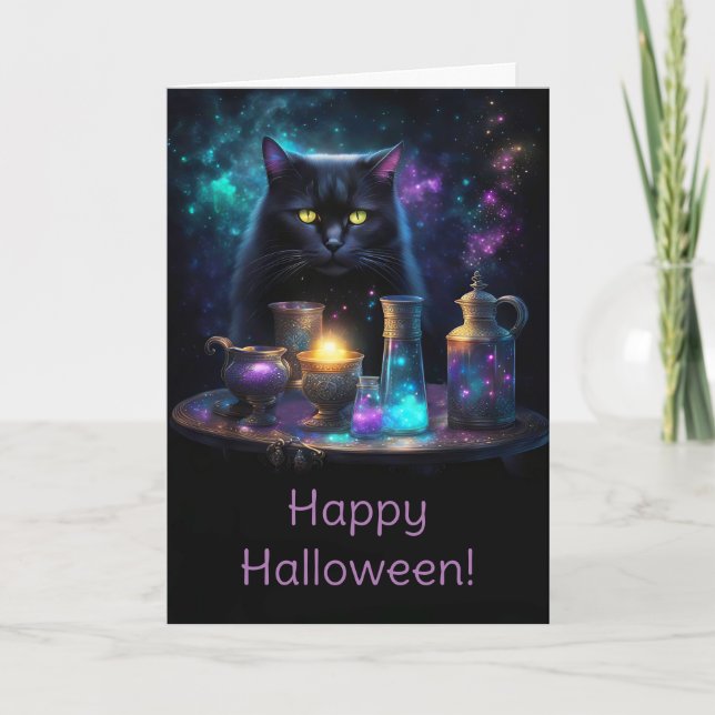 Halloween Black Cat with Magical Mystical Potions  Card (Front)