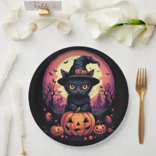 Halloween Black CAT with Pumpkin and Witch HAT Paper Plate