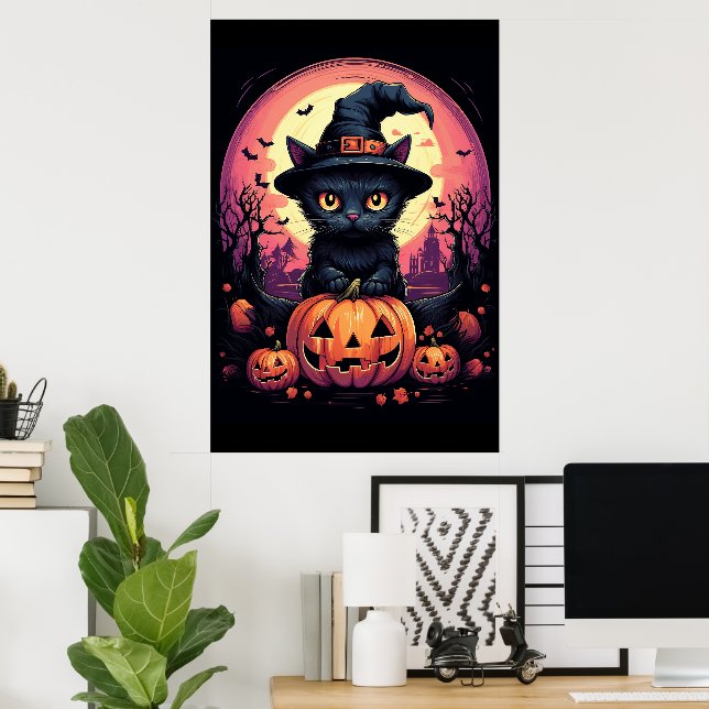 Halloween Black CAT with Pumpkin and Witch HAT Poster (Home Office)