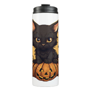 Halloween Black Cat with Pumpkin at Sunset Thermal Tumbler