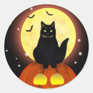 Halloween Black Cat with Pumpkin Classic Round Sticker