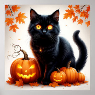 Halloween Black Cat With Pumpkin Patch Scene 🎃 Poster