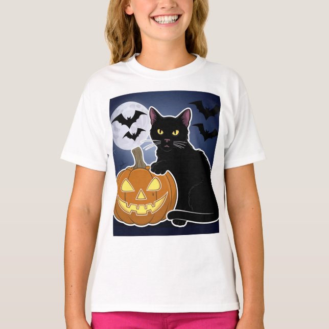 halloween black cat with pumpkin T-Shirt (Front)