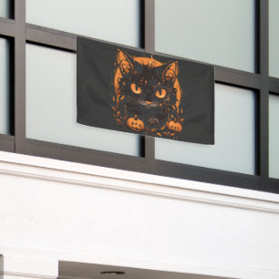 Halloween Black Cat with Pumpkins and Moon Banner