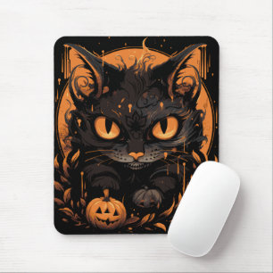 Halloween Black Cat with Pumpkins and Moon Mouse Pad
