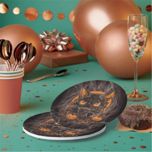 Halloween Black Cat with Pumpkins and Moon Paper Plate