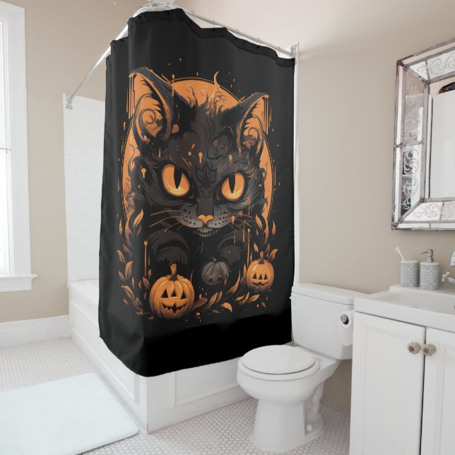 Halloween Black Cat with Pumpkins and Moon Shower Curtain (In Situ)
