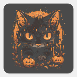 Halloween Black Cat with Pumpkins and Moon Square Sticker