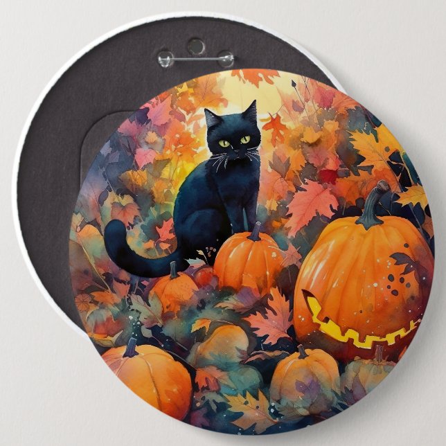 Halloween Black Cat With Pumpkins Scary 6 Cm Round Badge (Front & Back)
