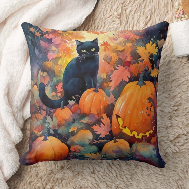 Halloween Black Cat With Pumpkins Scary Cushion (Blanket)