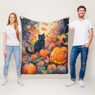 Halloween Black Cat With Pumpkins Scary Fleece Blanket