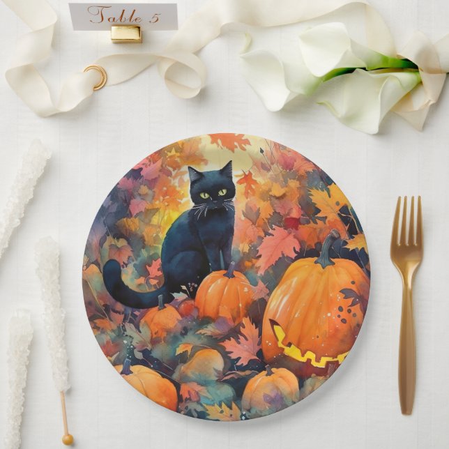 Halloween Black Cat With Pumpkins Scary Paper Plate (Wedding)