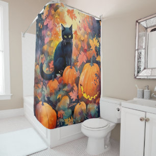Halloween Black Cat With Pumpkins Scary Shower Curtain