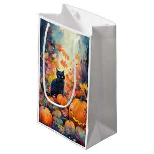 Halloween Black Cat With Pumpkins Scary Small Gift Bag